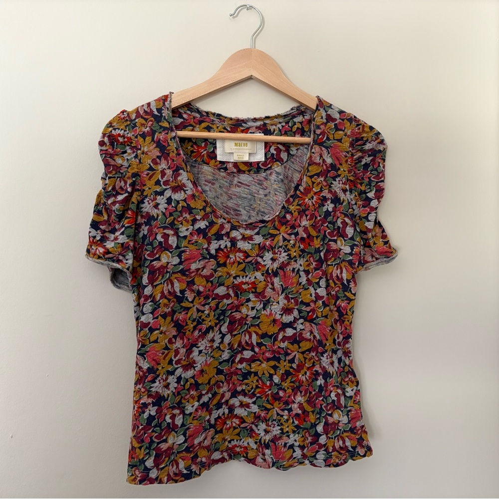 Maeve by Anthropologie Floral Ruched Sleeve Tee EUC